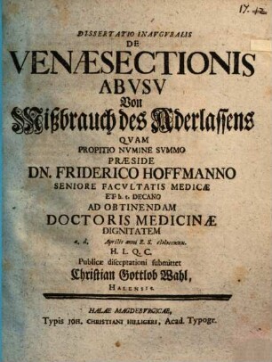 De venaesectionis abusu, vom Mißbrauch des Aderlassens