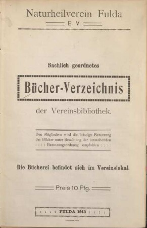 Sachlich geordnetes Bücher-Verzeichnis der Vereinsbibliothek