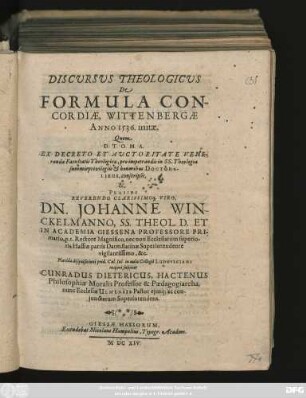 Discursus Theologicus De Formula Concordiae, Wittenbergae Anno 1536. initae
