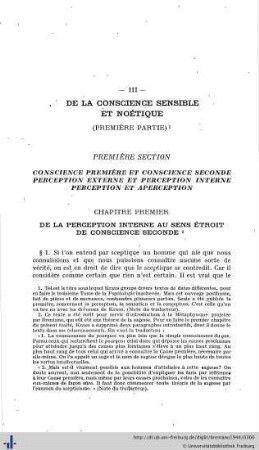 III. De la conscience sensible et noétique.