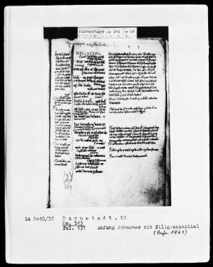 Evangelia secundum Matthaeum et Johannem cum glossa ordinaria — Initiale I(n principio), Folio 137recto