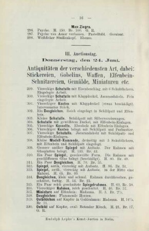 III. Auctionstag. Donnerstag, den 24. Juni