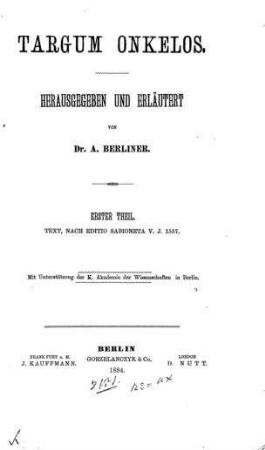 Targum Onkelos / hrsg. und erläutert von A. Berliner