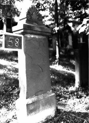 Grabstein 58 (Index: 100101001) Material: Sandstein Zustand: Stele völlig abgeblättert, nur einzelne Buchstaben erkennbar Maße HxBxT: 146x37x14 cm Beschreibung: Stele, Sockel, Abdeckplatte mit Palmettenaufsatz Symbolik: Palmette: Grabstein 58