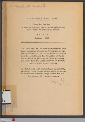 Teil 2: Liste der von der Direction générale des affaires culturelles geschenkten französischen Bücher