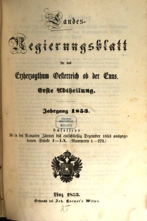 Landes-Regierungsblatt für das Erzherzogthum Oesterreich ob der Enns. 1853,1/2