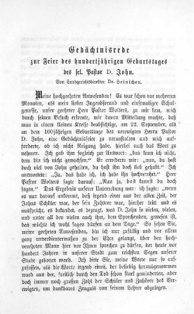 Gedächtnisrede zur Feier des hundertjährigen Geburtstages des sel. Pastor D. John.