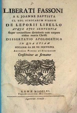 De Leporii libello super coniunctione divinitatis cum corpore triduo mortis Christi dissertatio