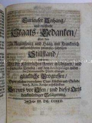 Gedanken über den Friedensvertrag zwischen Frankreich und Deutschland und die Belagerung von Budapest 1684