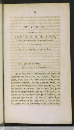 Rede, gehalten vom Herrn ... Lechner, erstem Lehrer der deutschen Sprache und Rhetorik, in Verbindung mit drei Zöglingen der Anstalt