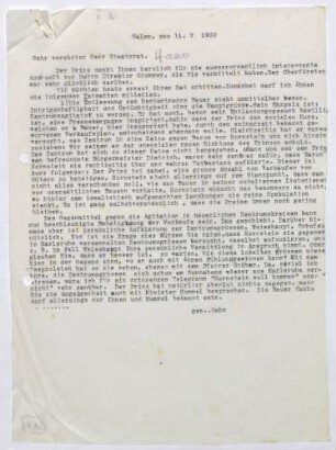 Schreiben von Kurt Hahn an Ludwig Haas; Entlassung des Salemer Rentamtmanns Bauer, Politik des Zentrums gegen Salem; zweifache Ausgabe