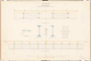 Verbindungsbahn für Berlin Schinkelwettbewerb 1865: Brückenunterbau: Längsschnitt, Querschnitt, Details; 2 Maßstabsleisten