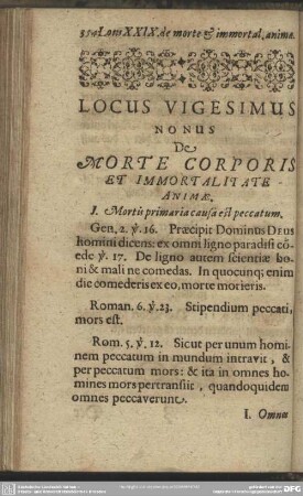 Locus Vigesimus Nonus De Morte Corporis Et Immortalitate Animae