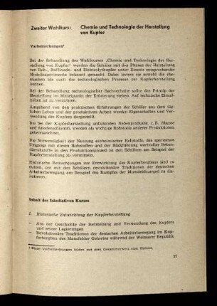 Zweiter Wahlkurs: Chemie und Technologie der Herstellung von Kupfer