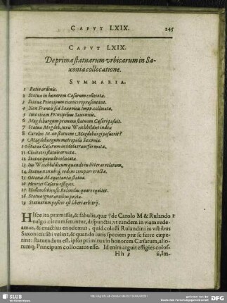 Caput LXIX. De prima statuarum urbicarum in Saxonia collocatione