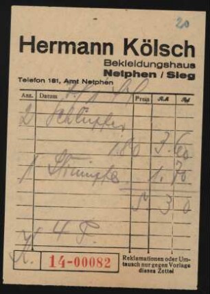Kölsch, Hermann (Quittung)