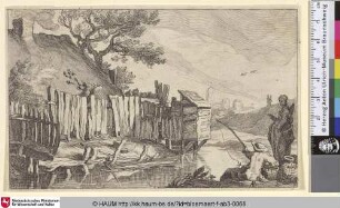 [A River View; Angler an einer Flusslandschaft mit Zaun und Bauernhaus]
