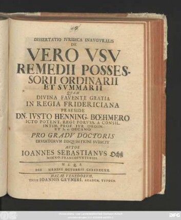 Dissertatio Ivridica Inavgvralis De Vero Vsv Remedii Possessorii Ordinarii Et Svmmarii