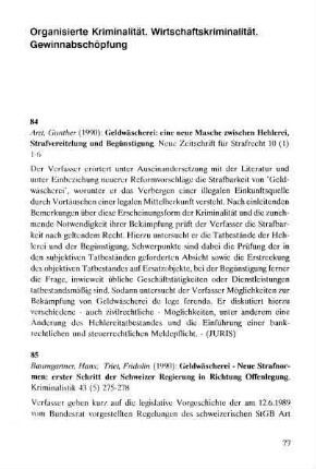77-87, Organisierte Kriminalität, Wirtschaftskriminalität, Gewinnabschöpfung