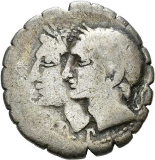 Denar serratus des C. Sulpicius mit Darstellung der Penaten