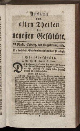 VI. Nachl. Coburg, den 10. Februar, 1762.