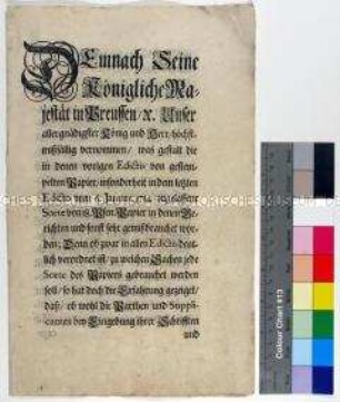 Verordnung von Friedrich Wilhelm I. König in Preußen betreffend Papiersorten und Ausfertigung von gestempeltem Papier im Amtsverkehr