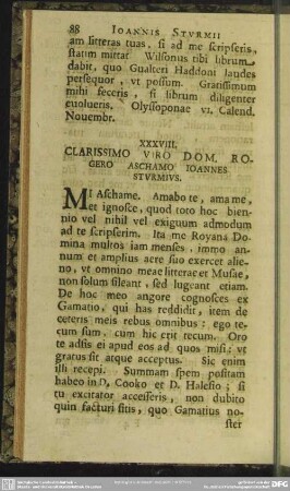XXXVIII. Clarissimo Viro Dom. Rogero Aschamo Ioannes Sturmius