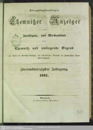 42.1841: Chemnitzer Anzeiger : Zeitschrift für Politik und Unterhaltung, städtische und ländliche Angelegenheiten