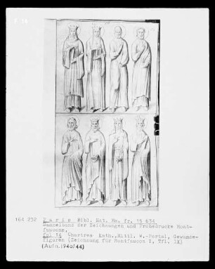 Les monuments de la monarchie française. Sammelband der Zeichnungen und Probedrucke Montfaucons — Chartres, Kathedrale, Zeichnung der Gewändefiguren des mittleren Westportals, Folio fol. 14