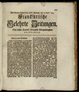 Num. XXXI. Freytags, den 17. April. 1744 - Num. XL Dienstags, den 19. Maji. 1744