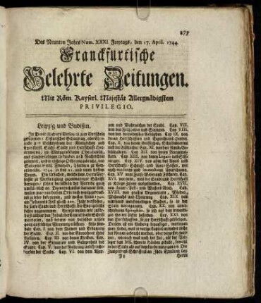 Num. XXXI. Freytags, den 17. April. 1744 - Num. XL Dienstags, den 19. Maji. 1744