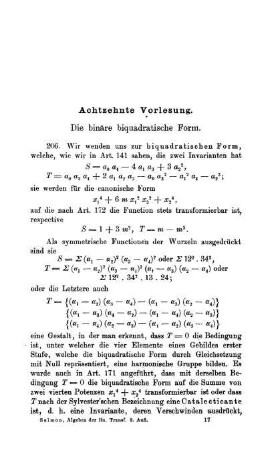 Achtzehnte Vorlesung. Die binäre biquadratische Form.