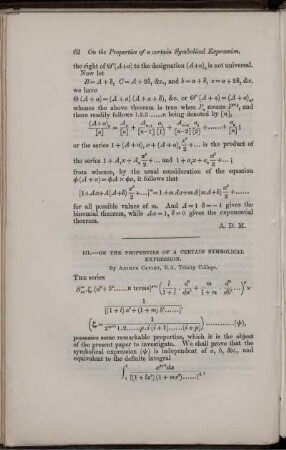 III. On the properties of a certain symbolical expression.