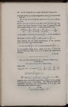III. On the properties of a certain symbolical expression.