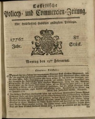 8tes Stueck, Montag den 19ten Februarius 1776