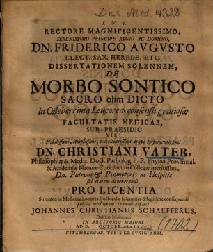 Dissertationem Solennem, De Morbo Sontico Sacro olim Dicto