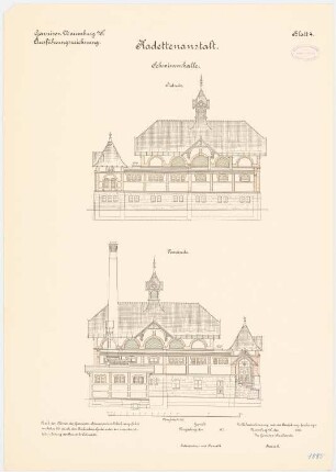 Kadettenanstalt der Garnison, Naumburg/Saale: Schwimmhalle: Aufriss Nordansicht, Südansicht 1:100