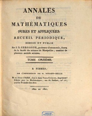 Annales de mathématiques pures et appliquées. 11. 1820/21