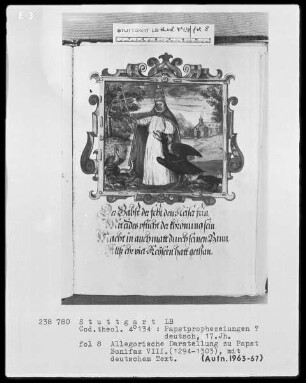 Flugschrift mit Illustrationen aus den Papstprophezeiungen mit antipäpstlichen Spottversen — Allegorische Darstellung zu Papst Bonifaz 8. (1294-1303), Folio 8recto