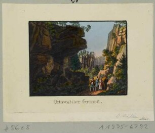 Partie im Zscherregrund östlich des Uttewalder Grundes nördlich von Wehlen in der Sächsischen Schweiz, aus Andenken an die Sächsische Schweiz von C. A. Richter 1820