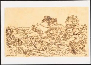 Burg Canossa, Canossa: Durchzeichnung: Perspektivische Ansicht der Burgruine und Umgebung, nach der Gartenlaube, 1872, S. 713