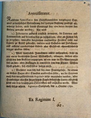 Avertissement : Nachdeme Serenissimus den Höchstdenenselben vorgelegten Entwurf zu nächtlicher Beleuchtung der hiesigen Residenz gnädigst genehmigt haben