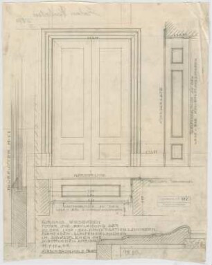 Thiersch, Friedrich von; Wiesbaden; Kurhaus - Glaspendeltüren Korridor Südwest u. Südost (Grundriss, Ansicht, Schnitt, Detail)