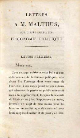 Lettres à M. Malthus sur différens sujets d'économie politique, notamment sur les causes de la stagnation géneŕale du commerce