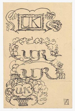 Kalligrafie- und Ornamentstudien : Monogrammstudien zu M K; auf Einladungskarte für Tanz-Abend im August, Marie Müllerbrunn aus München, o.D.