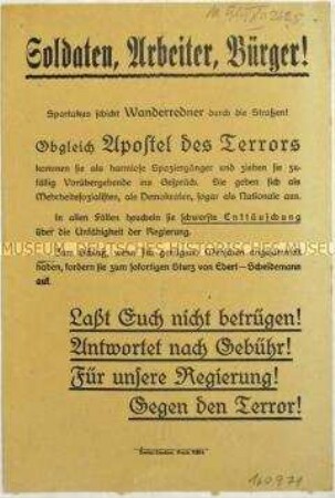 Aufruf zum Kampf gegen die Spartakisten und zur Unterstützung der Regierung