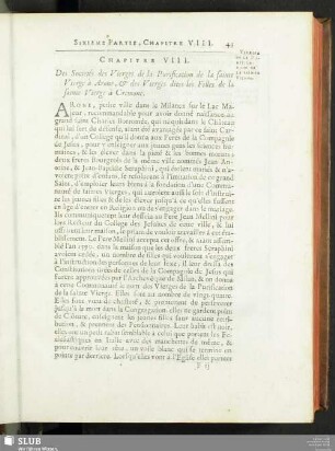 Chapitre VIII. Des Societés des Vierges de la Purification de la sainte Vierge à Arone, & des Vierges dites les filles de la sainte Vierge à Cremone