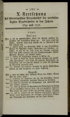 X. Fortsetzung des chronologischen Verzeichnißes der merkwürdigsten Begebenheiten in den Jahren 1795 und 1796.