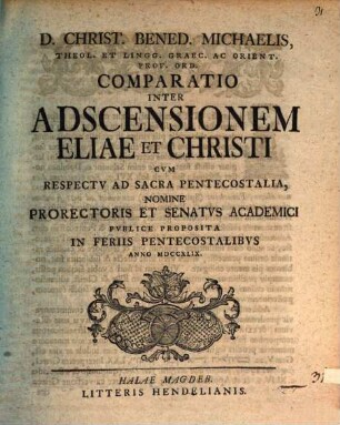 Comparatio inter adscensionem Eliae et Christi, cum respectu ad sacra pentecostalia