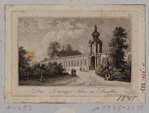 Der Zwinger in Dresden, Blick über den zugeschütteten Zwingergraben (Zwingeranlagen) auf den Mathematisch-Physikalischen Pavillon, die Langgalerie und das Kronentor